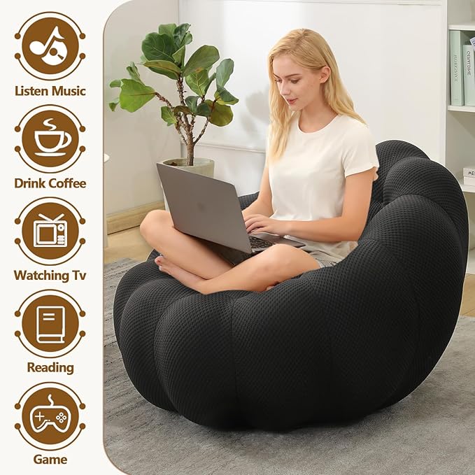 Bean Bag Chairs for Adults/Teens Reading Corner Chair Orange Beanbag Chair for Bedroom Living Room Small Comfy Chairs for Living Room Small Space No Assembly Required (Black)