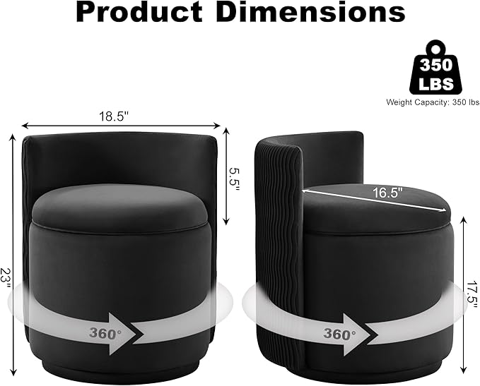 360° Swivel Velvet Vanity Chair with Storage Barrel Makeup Chair with Wave Back No Assembly Vanity Stool Small Accent Chair for Living Room Black