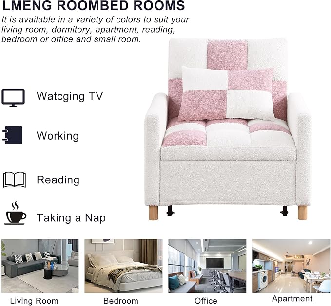 3-in-1 Sleeper Chair Bed for Living RoomConvertible Pull Out Chair Bed with Adjustable BackrestMulti-Functional Sofa Bed for Living Room (Pink)
