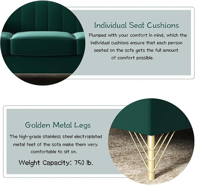 Tomkate Emerald Green Velvet Couch Sofa 83 Mid-Century Modern Tufted Chesterfield Sofa with Flared Arms and Removable Cushions Comfy 3 Seater Couch with Gold Metal Legs for Living Room (Green)