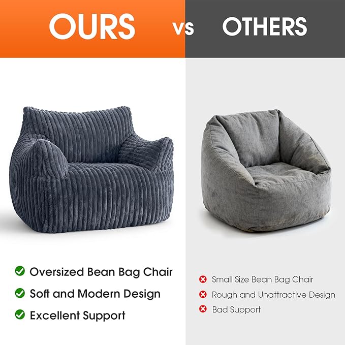 Giant Bean Bag Chair for Adults Oversized Memory Foam Bean Bag Sofa with Armrests Large Comfy Fluffy Single Lounges Mini Couch for Living Room Bedroom &amp Dorm(Gray)