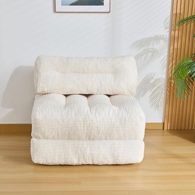 Folding Sofa Bed Convertible Sleeper Chair Couch Bed Faux Rabbit Fur for Adults with Back Support Floor Couch Comfy Floor Sofa for Living Room Bedroom Ivory Single