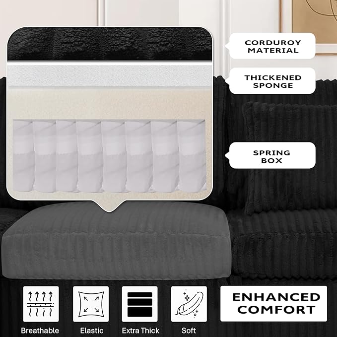 85 Corduroy Reversible Sectional Sofa w/Pull Out Bed Upholstery L Shaped Couch w/Storage Armrests &amp Cup Holders Modern Corner Sofa w/USB Charging Port &amp Throw Pillow for Living Room Black