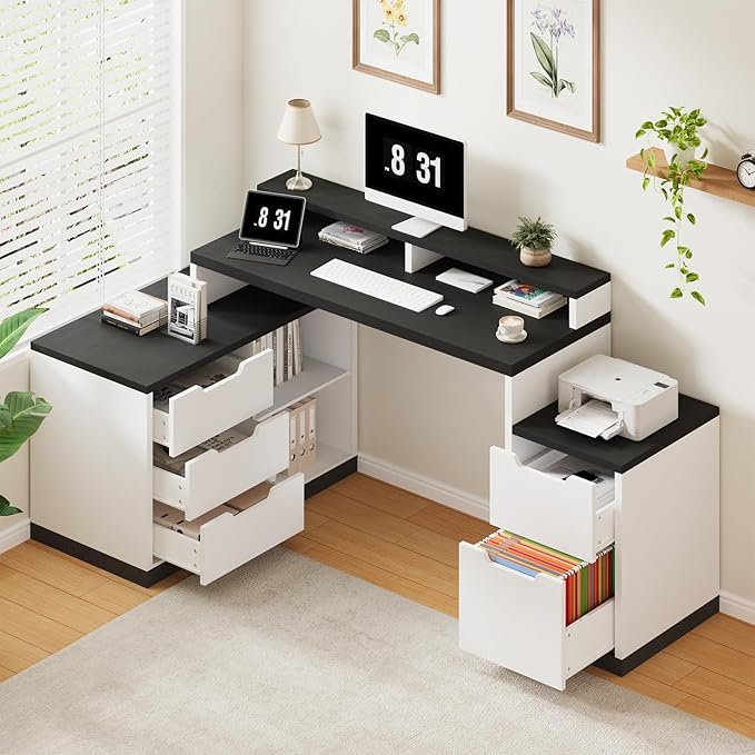 Modern L Shaped Desk with Drawers 71 Inch Home Office Desk with File Cabinet and Printer Shelf Wood Executive Desk with File Drawers and Monitor Stand White