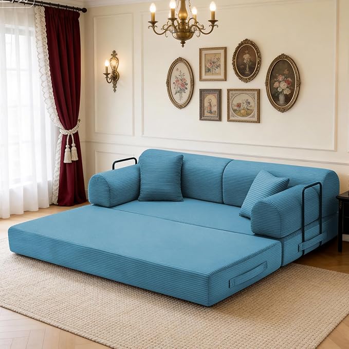 KEIKI 78 2Seat Sleeper Corduroy Sofa Couch for Beach House Small Space Family Friendly Homeowners Warm Inviting Comfy Supportive Rest Space Elegant Premium Premium Design Azure