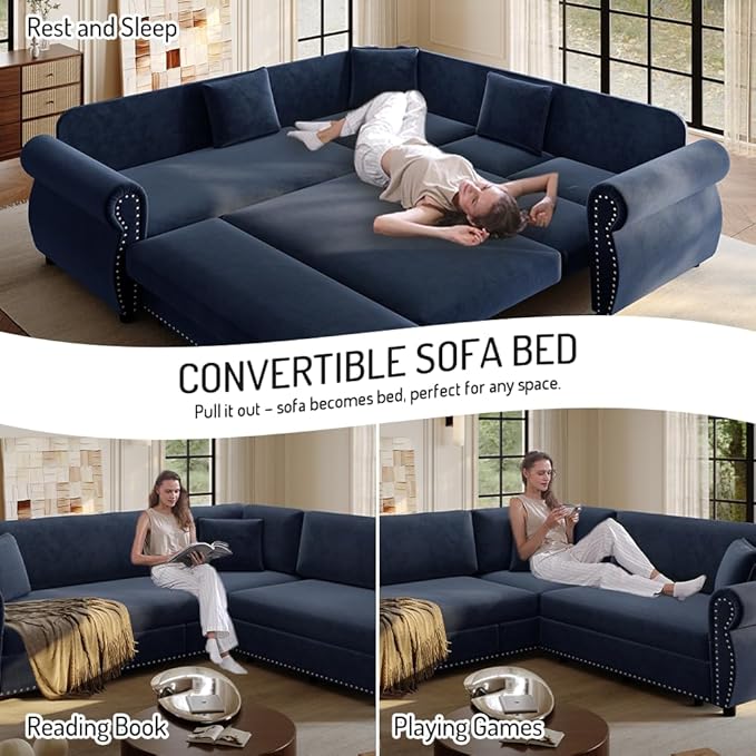 88'' Sleeper Sofa Bed Queen L Shaped Sectional Sofa with Pull Out Couch Bed Chenille 5 Seater Couch with Nailhead Trim &amp Rolled Arm Sectional Couches for Living Room Furniture Set Blue