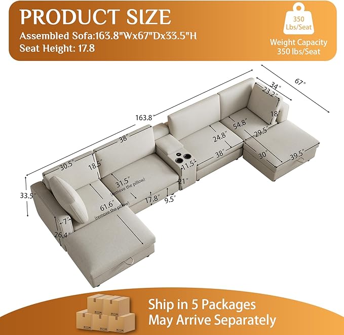 OUYESSIR 163U Shaped Cloud Couch SectionalsLarge Comfy Beige White Sectional Couches for Living RoomOversized Fluffy Modular SectionalChenille Big 6 Seat Sofa Set USB Port Central Console Ottoman