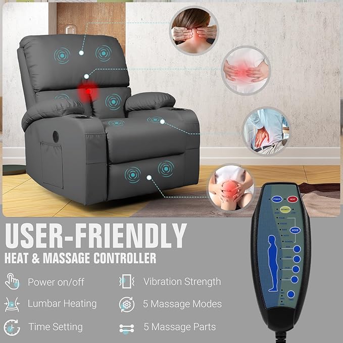 LEVELEVE Rocking Recliner Chair Massage Rocker Recliner Chair with Vibration Massage and Heat USB and Type-C Ports360° Swivel Faux Leather Chairs Living Room Bedroom Nursery RV Dark Grey