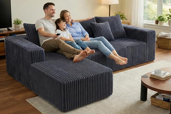 Boneless Couch 101 Cloud Sectional Sofa with L Shaped Chaise Deep Seat Sofa in a Box with 3 Modular Sections Modern Corduroy Comfy Couch for Living Room Grey