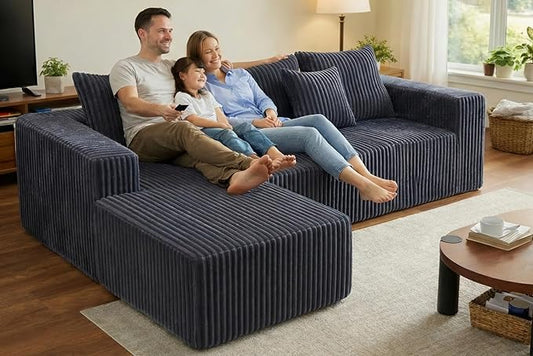 Boneless Couch 101 Cloud Sectional Sofa with L Shaped Chaise Deep Seat Sofa in a Box with 3 Modular Sections Modern Corduroy Comfy Couch for Living Room Grey