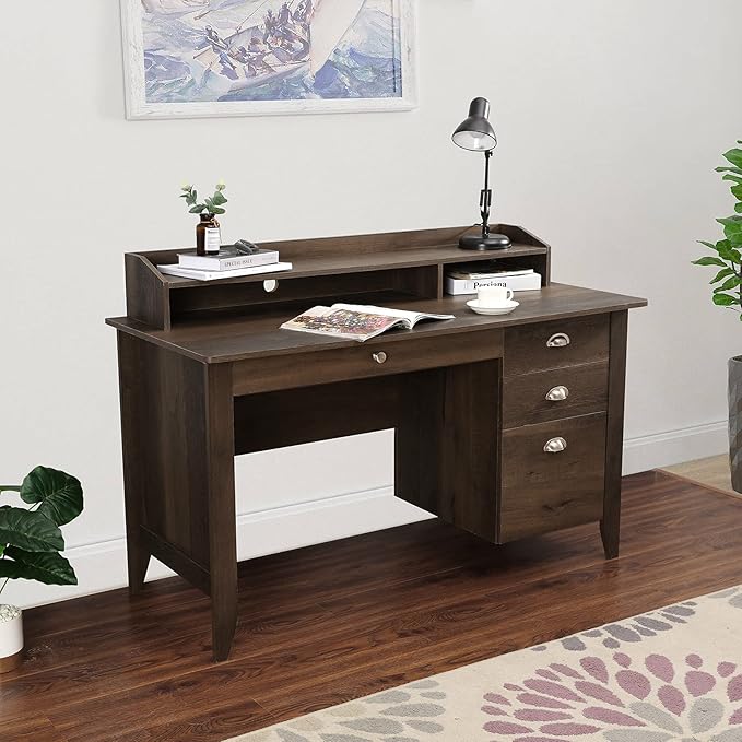 Home Office Desk Writing Computer Desk with Hutch and Sliding Track Drawers Vintage Wood Style Laptop Table for Study Bedroom Workstation