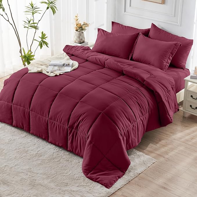JOLLYVOGUE California King Comforter Set Ultra-Soft Bed in a Bag Cal King Size 7 Pieces Oeko-TEX Certified Bedding Set with Down Alternative Comforter Sheets Pillowcases &amp Shams Burgundy