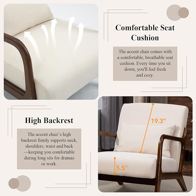 Minimalist Accent Chair Velvet Upholstered Mid-Century Modern Chair with Pillow Lounge Arm Chair with High Backrest Comfy Reading Chair for Living Room Balcony (White-Dark Brown)