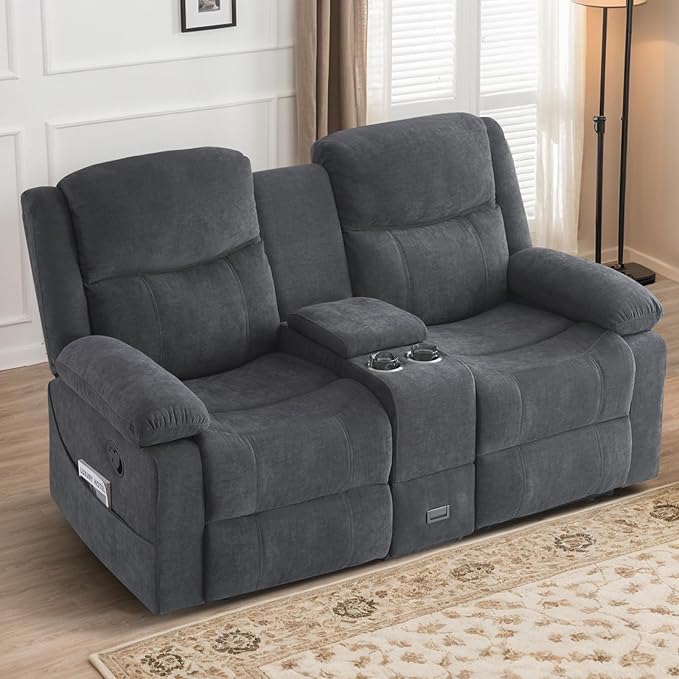 Loveseat Recliner Sofa with Massage &amp Heating Reclining Loveseat with Console RV Wall Hugger Double Loveseat Recliner Couch for Living Room &amp Home Theater (Chenille-Grey)