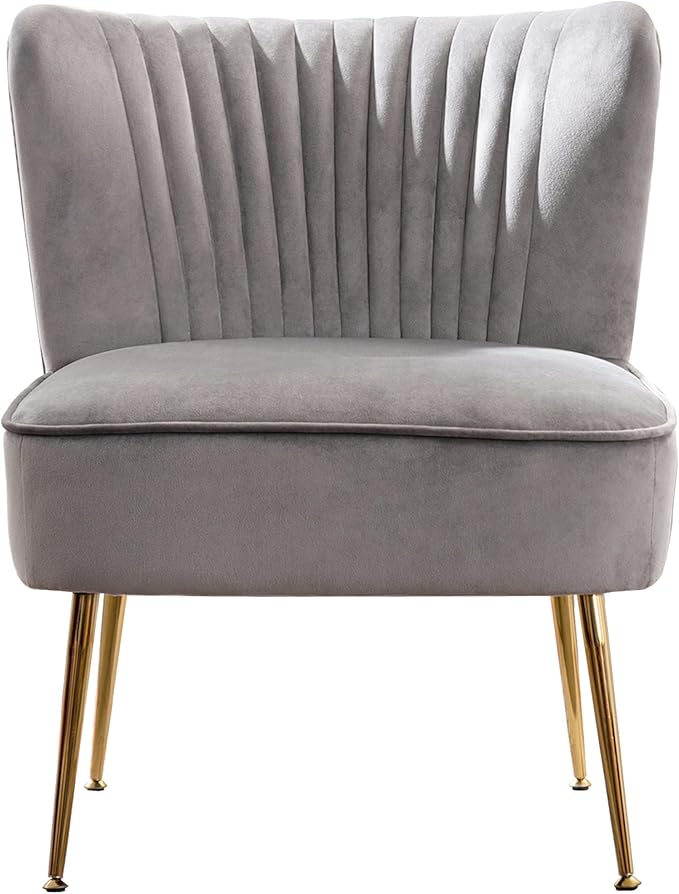 WO Home Furniture 25 Wide Tufted Velvet Accent Chair with Rust Resistant Golden Metal Legs Premium Quality Rust Resistant Seat for Your Den Living Room Bedroom Inside Area (Gray)