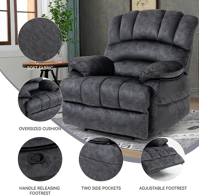 Manual Recliner Chair with Adjustable Recline for Living Room Oversized Lazyboy Recliner Chairs with Overstuffed Arm &amp Back Comfy Soft Fabric Lounge Single Sofa for Adults (Grey)