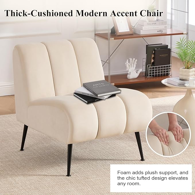 Modern Accent Chair Velvet Upholstered Fuzzy Club Chairs with Tufted Design Comfy Living Room Chair with Metal Legs Padded Reading Chair for Reading Room (Beige-Velvet)