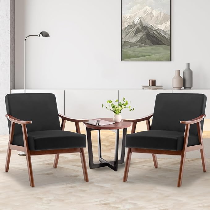 Mid Century Modern Accent Chair with Wood Frame Upholstered Living Room Chairs with Waist Cushion Reading Armchair for Bedroom Sunroom Lounge Chair Indoor Office Family (Black)