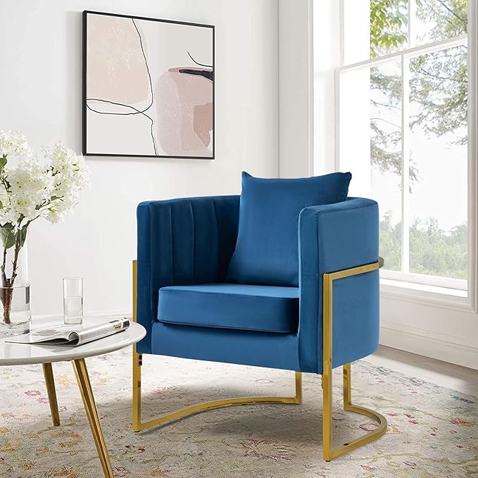 X-VOLSPORT Velvet Accent Chair Modern Barrel Arm Chair for Living Room/Bedroom/Guest Reception Upholstered Club Armchair with Pillow &amp Gold Base Navy Blue
