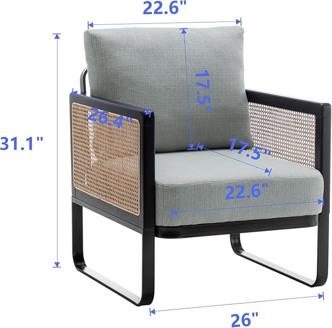WENTMENT Rattan Accent Chairs Set of 2 Sofa Chair with Natural Rattan Armrest and Removable Backrest Upholstered Living Room Chair Lounge Chair for Reception Room/Hosting Room/Bedroom(Grey)