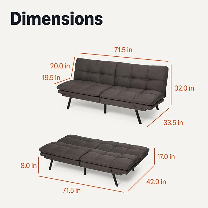 Amazon Basics Futon Sofa Bed Convertible Memory Foam Sofa Couch with Adjustable Positions for Small Living Room Office Apartment Dark Grey Linen Fabric