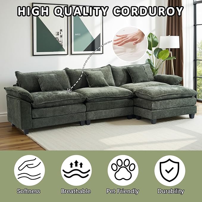 Gexpusm Modular Sectional Sofa108 L Shaped Modular Cloud Couch Sectional with Deep SeatSofas with ChaiseCouches with Ottoman for Living Room BedroomChenille Oversized Sleeper Sofa (Green)