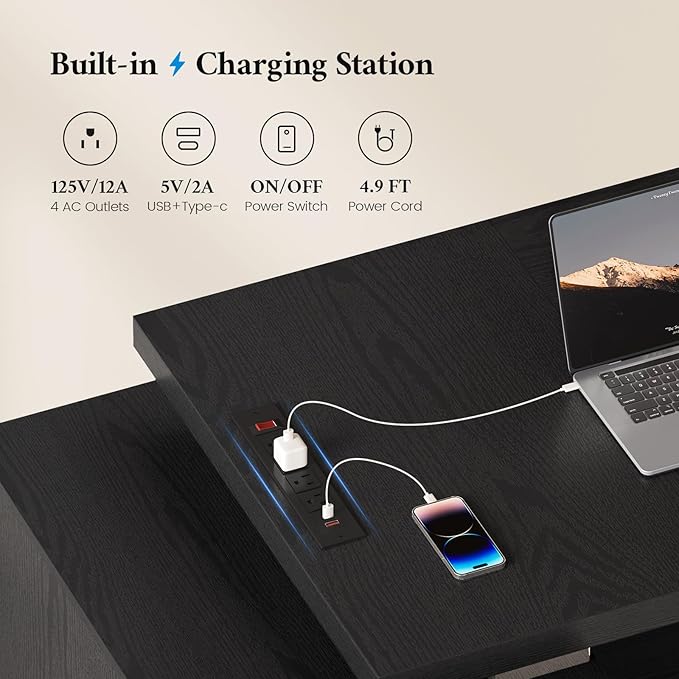 80.6 Executive Desk with Power Outlet and File Drawer Modern Home Office Desk with 3 Large Cabinets and Privacy Panel Business Furniture for Home Office Living Room Black