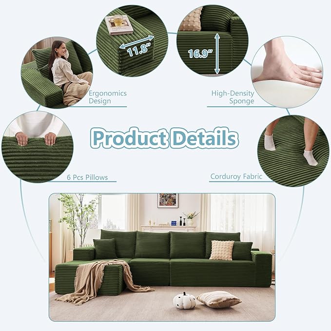 135.4 Cloud Sectional Couch with L-Shape Chaise Modern Corduroy Boneless Couch for Living RoomMemory Foam Sofa with Deep SeatNo Assembly Required (GreenLeft-Facing Chaise)