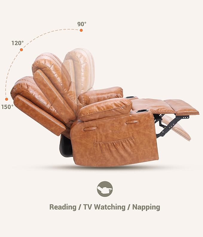 Oversized Recliner Chairs with Massage and Heat Leather Recliner Chair for Adults Rocker Recliner with Cup Holder for Living Room Bedroom and Nursery Light Brown