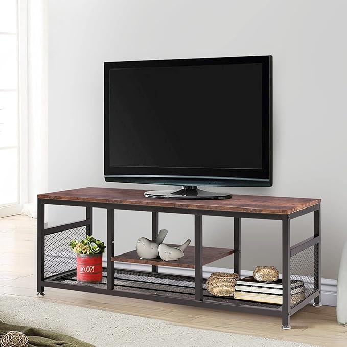 VECELO TV Stand for 55 Inch Entertainment Center Media Console Table with Storage for Living Room and Bedroom 47 Inch Brown+Black