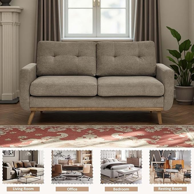 67.7 Mid-Century Modern Loveseat Sofa 2-Seat Mini Upholstered Love Seat Couch Comfy Small Couch with Wooden Legs and Tufted Back for Living Room Bedroom Office Apartment(Khaki)
