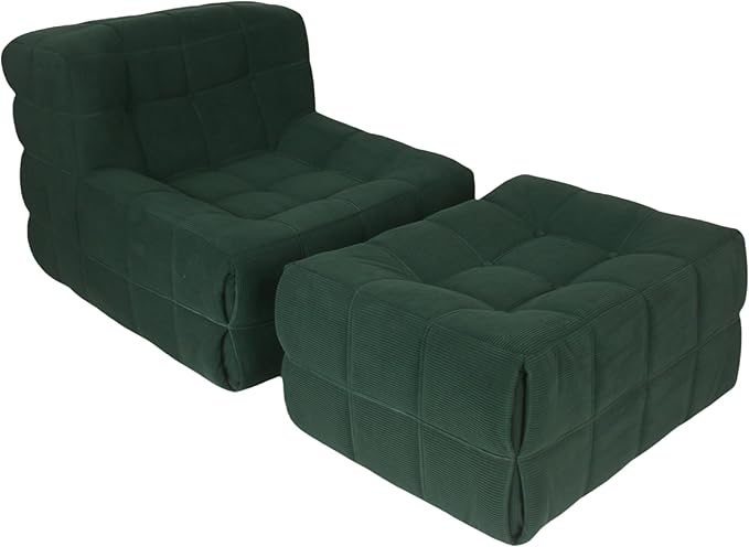 Bean Bag Chair - Memory Foam Bean Bag Chair for Adults Comfy High-Resilience Single Sofa Small Space Floor Chair Chaise Lounge for Living Room Bedroom (Dark Green Square+Ottoman)