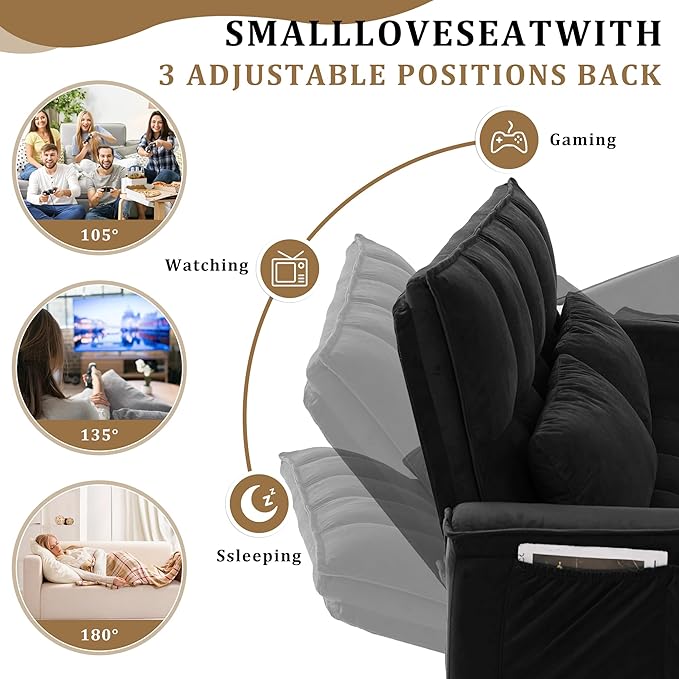 55’’ Sleeper Sofa Couch with Pullout Bed 3-in-1 Convertible Button Tufted Upholstered Futon Loveseat Sofa Bed with Side Pockets and Pillows for Small Place Living Room Apartment (Black)