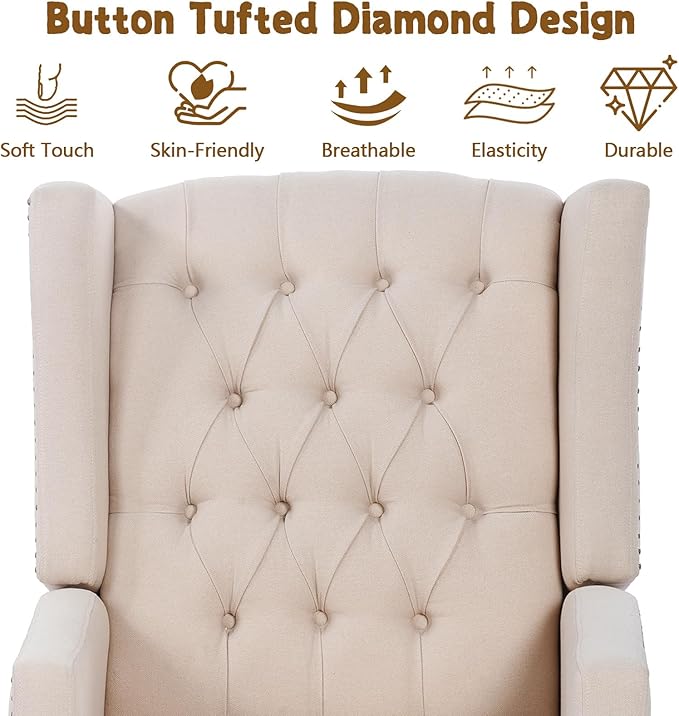 Wingback Recliner Chairs with Foldable Side Table&ampUSB Charging PortsMid Century Accent Single Sofa Small Recliner ChairModern Comfy Pushback Reclining Chair for Living Room (Fabric Beige)