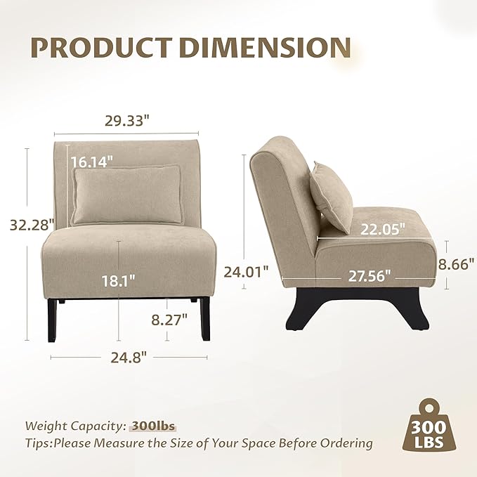 Upholstered Armless Accent ChairModern Comfy Living Room Chairs with Wooden Legs&amp PillowsLounge Sofa Side Chair for Bedroom Farmhouse Reading (Brown 1 PC)