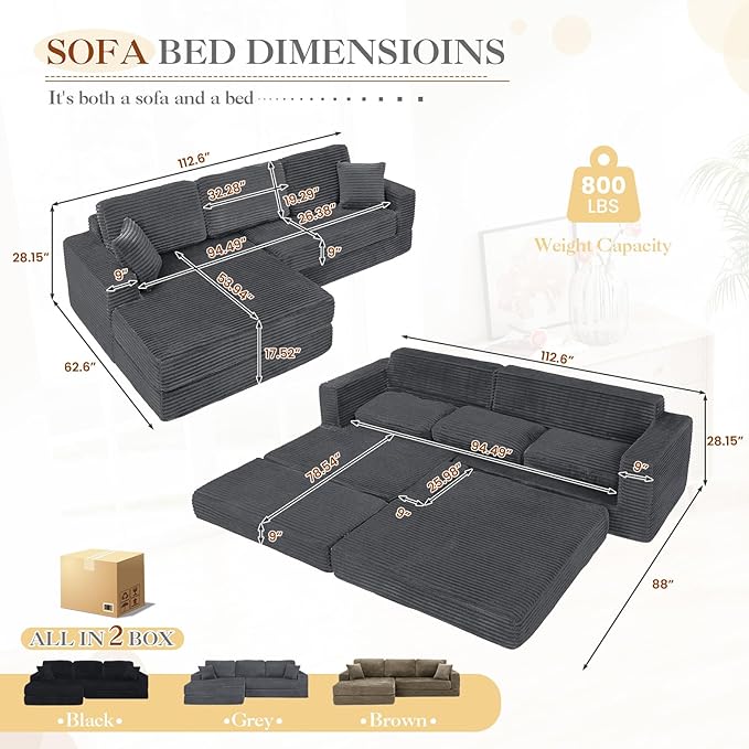112.6 Oversized Fold Out Couch Bed King 3 in 1 Convertible Modern L Shape Cloud Modular Sectional Comfy Boneless Foam Couch Futon for Living Room No Assembly(Grey CorduroyRight Facing Chaise)