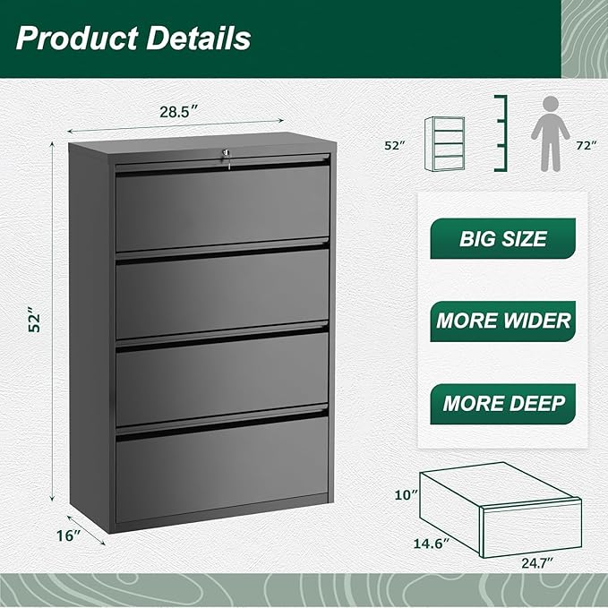 Bonusall 4 Drawer Lateral File Cabinet with Lock Locking Metal lateral Filing Cabinet for Office Steel lateral File Cabinet Large Horizontal File Cabinet Locked by Keys-Black