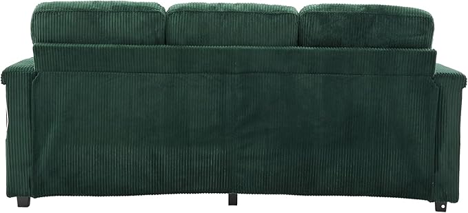 76.8 L-Shaped Sleeper Sofa with Storage Ottoman USB Ports Cup Holders&ampLED Lights Side Pockets Comfy Corduroy Modern 3-Seater Small Couch Bed for Living Room with 2 Throw Pillows (Emerald Gree