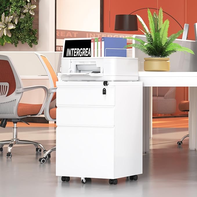 INTERGREAT 3 Drawer Mobile File Cabinet with Lock Metal Filing Cabinets for Home Office Rolling Under Desk Organizer for Letters/Legal/A4 (Fully Assembled-White)
