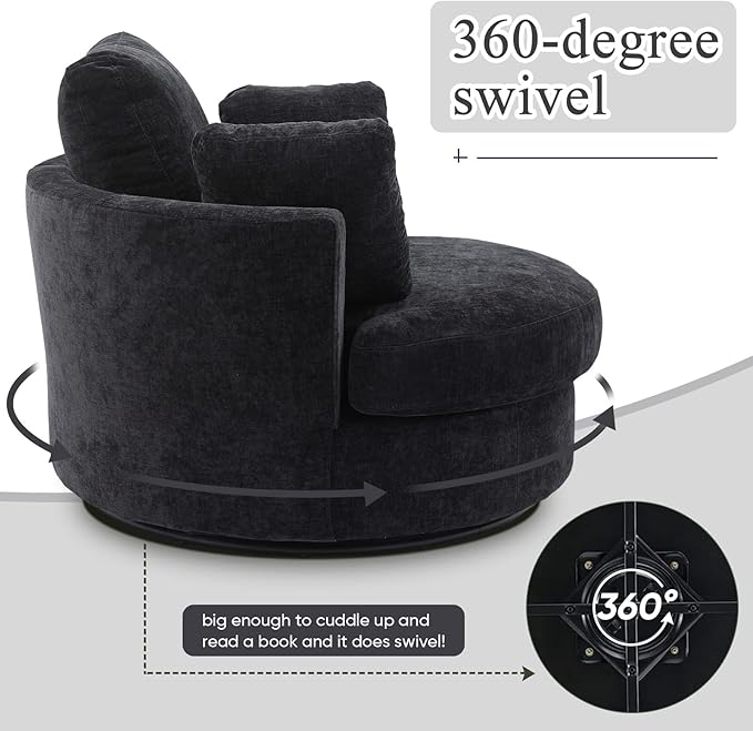 SLEERWAY Oversized Swivel Chairs Set of 2 Big Comfy Round Accent Barrel Chair and A Half Bucket Loveseat Bedroom Club Reading Lounge Living Room Furniture Set (Black)