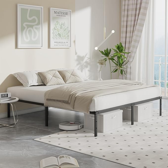Sweetcrispy Queen Size 12 Inch Platform Bed Frame Heavy Duty Metal Foundation Frame Noise-Free Sturdy Steel Slats Underbed Storage No Box Spring Needed Quick Setup