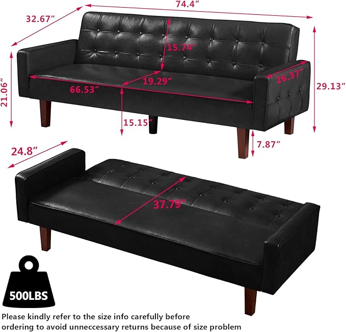 mikibama PU Faux Leather Futon Sofa Couch Upholstered Convertible Sleeper Sofa Bed Futons Modern Tufted 3 Seater Sofa Bed Couch for Living Room Apartment Small Spaces with Solid Wood Legs