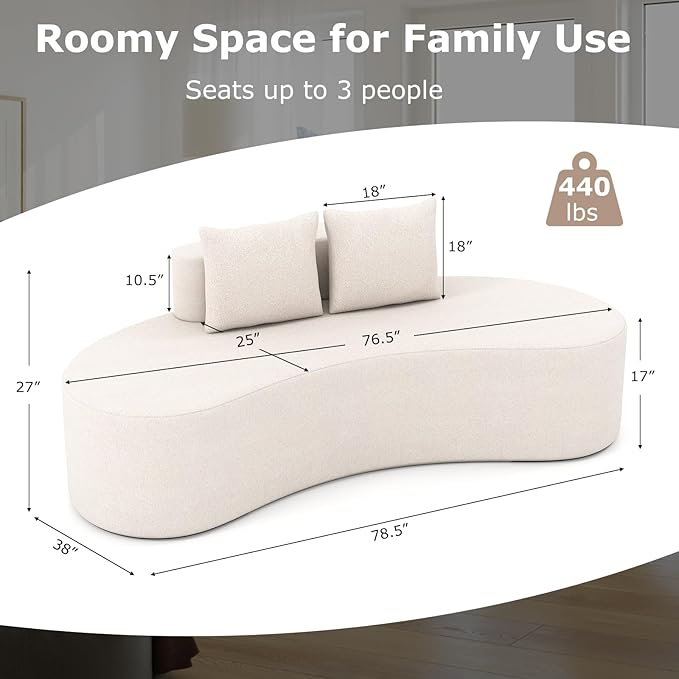 Giantex 78.5 Sofa Couch Upholstered Loveseat with 2 Cozy Pillows Low Backrest &amp Padded Seat Anti-Slip Bottom No Assembly Modern Floor Couch for Living Room Bedroom (Beige)
