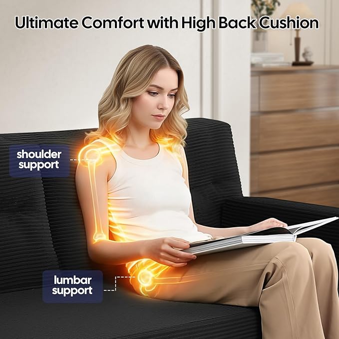 MeMoreCool Boneless Couch Convertible Sofa Bed Queen Corduroy Futon Couch Sleeper Sofa Boneless Loveseat Pull Out Couch Bed Fold Out Floor Sofa for Living Room Bedroom Apartment Black