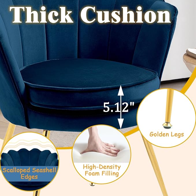 Accent Chairs Set of 2 for Living Room Velvet Upholstered Makeup Room Vanity Chair with Back Golden Metal Legs Small Accent Side Chair for Bedroom Cloud Chair Set 2 Pcs Dark Blue