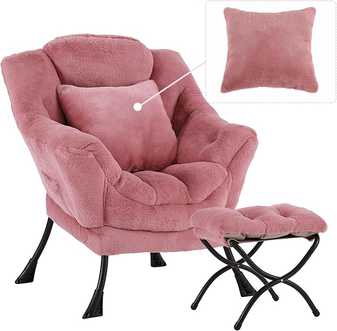 Lazy Chair with Ottoman Comfy Reading Lounge Chair with Footstool &amp Throw Pillow Modern with Armrests &amp Side Pocket for Living Room Bedroom Dorm Room Plush Dark Pink