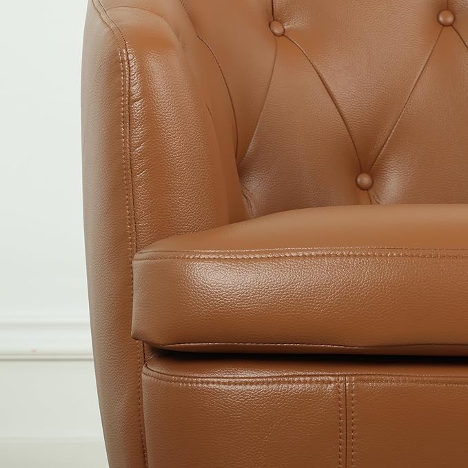 360° Swivel Leather Accent Chair Modern Barrel Club Chair with Leather Upholstery and Sturdy Base Comfortable Armchair for Living Room Bedroom Reading Nook Brown