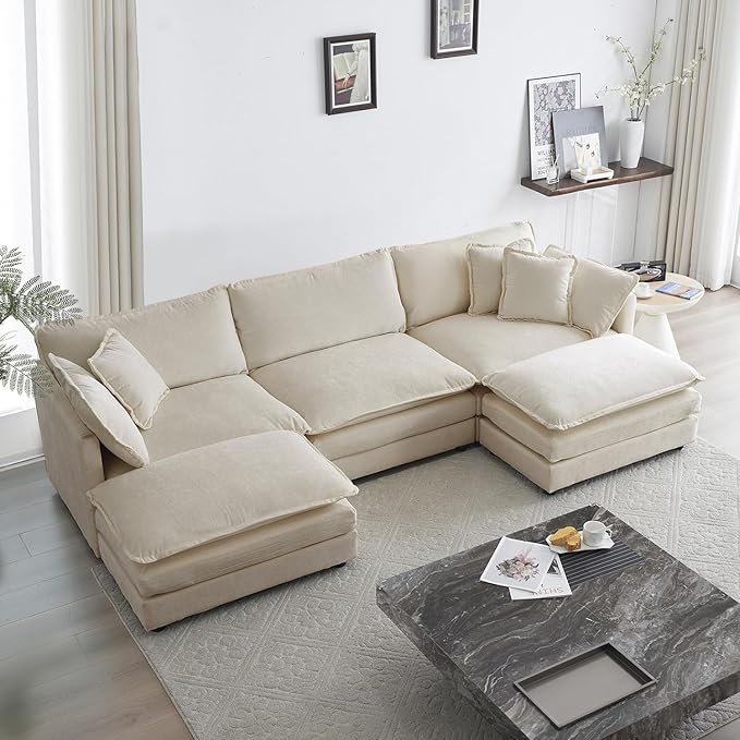 kevinplus 111.5'' Beige Modular Sectional Sofa Couch U-Shaped with Ottoman for Living Room Modern Contemporary Sofa Couch for Apartment Office Chenille Fabric (3-Seat Couch + 2 Ottoman)
