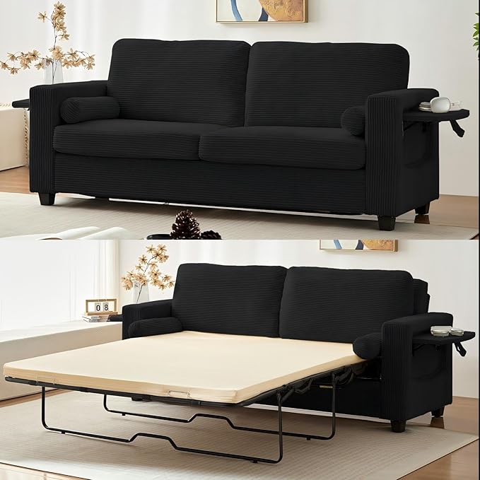 Mjkone 82 Width Queen Size Pull Out Sofa Bed Sleeper Couch with Pull Out Beds 2-in-1 Convertible Corduroy Loveseat Sleeper Sofa Couch Bed with Folding Mattress for Living Room Home Apartment Black
