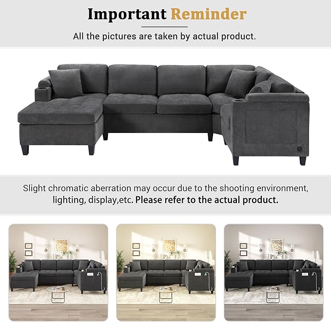 Merax 115.7 U-Shaped Chenille Sectional Sofa 4 Seat Corner Couch Oversized with Built-in Cup Holders 3 Pillows Storage Space for Living Room Grey